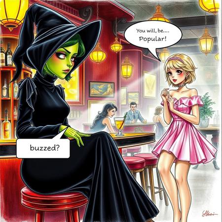 A beautiful realistic high quality color pencil illustration of A brightly lit speakeasy in the 1920s style of The Great Gatsby. 
In the foreground: Elfaba is a beautiful girl with green skin wearing an all black high-necked Victorian witch outfit  that covers her skin from her neck all the way to her ankles and wrists. She is seated on a barstool  with a bored expression on her face and is rolling her eyes. ( A speech box along the bottom of the image points to Elfaba and contains the text  " Buzzed? ").
In the mid ground: A fair skinned short skinny blond girl is dressed in a cute pink taffeta minidress.  She is looking at Elfaba and talking to her excitedly with a wide-eyed expression. (A speech box at the top of the image points to the blond and contains the text " You. Will. Be......Popular! " ).