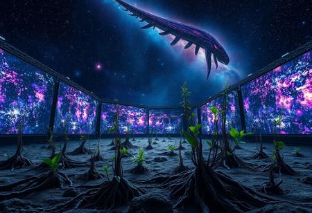 A ground   surrounded by large screens, with  plants roots fillaments .  cosmos background with  a alien creature in space.