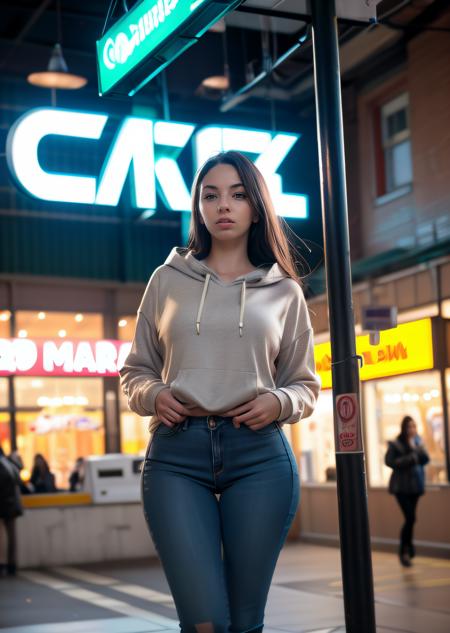 professional photograph
shopping mall, lights, bokeh, crowds, kiosks, neon signs and storefronts
young woman wearing a jeans and loose hoodie,  standing on one leg, looking at the looking at viewer,
((video grainyfilm)), natural cinematic lighting, ((professional photo highly defined))
realistic, best quality, photo-realistic
8k, best quality, masterpiece, realistic, photo-realistic  <lora:pophd_v1:0.7>