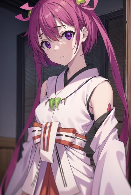 oomiyanome no kami, long hair, hair ornament, twintails, (purple eyes:1.1), purple hair, bell, hair bell, skirt, detached sleeves, japanese clothes, necklace, miko, magatama,