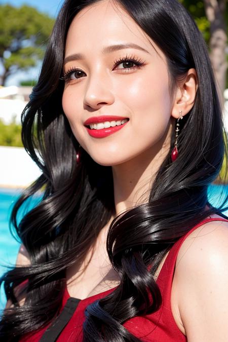 "1girl,photo of mina,best quality,black hair,long wavy hair,black dress,{red} lipstick,(detailed face:1.4), (looking at viewer:1.4),closed mouth,smile,  shiny skin, lantern,sun lighting,outdoor background ,(full body:0.850) 
 <lora:minatwice_v1.0.1-000001:0.850>