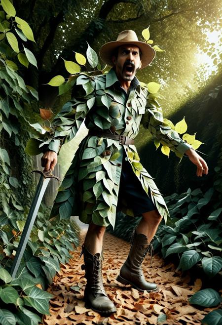 foreshortening, (geometric forms, low poli, pilygons, soft colors), horror \(theme\), scenery,
masterpiece, best quality, amazing quality, very aesthetic, hdr , atmospheric perspective, unfocused foreground, detailed shadows, 8k, depth of field, very awa,detailed, masterpiece, absurdres, full body, dynamic pose, high contrast, (male focus),surrounded,
BREAK, 
male, don quixote \(literature\), mature, (huge long nose), skinny, (athletic), long dark moustache, leaves clothes, button up leaves shirt, puffy sleeves, coat, roots boots, open mouth, looking at viewer, screaming, determined, angry, standing on one leg, running, one knee up, looking at the viewer, (dynamic pose), tilted midsection, holding an object, giant sword, sword hilt between fingers, both hands on sword hilt, front view, aura, eclipse, (high contrast),  Made of Leaves,Covered in Leaves and vines, WaiIL25PosC,WaiIL25PosD, ((dutch angle)), ((side view)),foliage-and-roots