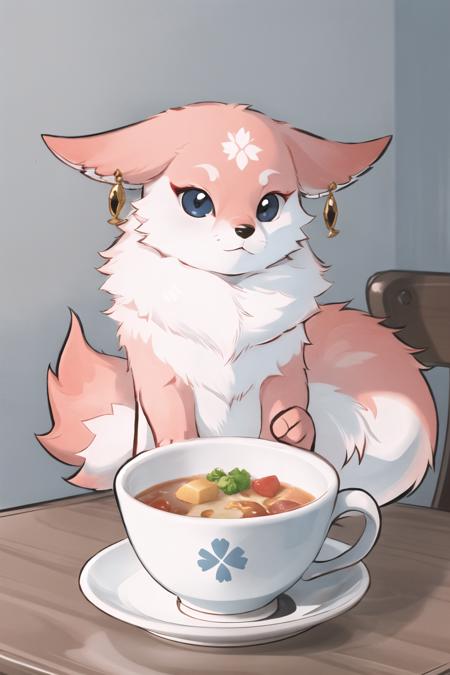 Highly detailed, High Quality, Masterpiece, beautiful, YaeMikoFox, <lora:YaeMikoFox:1>, no humans, food, simple background, elbows on table, cup, blurry background, indoors, <lora:Pos_AcrossTable:0.85>