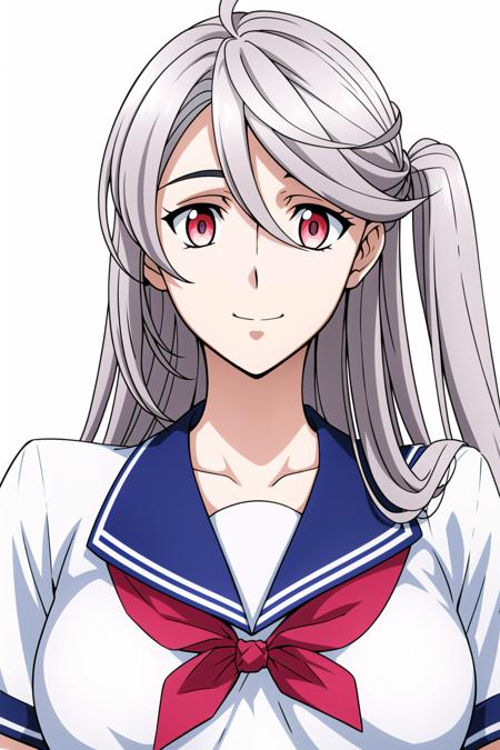 Simple White Background,
 blue sailor collar, blue school uniform, serafuku, shirt, short sleeves, white shirt,blue collar,
<lora:Seria_Urutsuki_buildmetaverse-KK77-V1:0.7>,red neckerchief,
white hair,very long hair, red eyes,bangs
<lora:Oda_Non_Style-KK77-V2:0.3>,<lora:more_details:0.1>,
1 girl, 20yo,Young female,Beautiful Finger,Beautiful long legs,Beautiful body,Beautiful Nose,Beautiful character design, perfect eyes, perfect face,expressive eyes,perfect balance,
looking at viewer,(Focus on her face),closed mouth, (innocent_big_eyes:1.0),(Light_Smile:0.3),
official art,extremely detailed CG unity 8k wallpaper, perfect lighting,Colorful, Bright_Front_face_Lighting,White skin,
(masterpiece:1.0),(best_quality:1.0), ultra high res,4K,ultra-detailed,
photography, 8K, HDR, highres, absurdres:1.2, Kodak portra 400, film grain, blurry background, bokeh:1.2, lens flare, (vibrant_color:1.2),professional photograph,
(Beautiful,large_Breasts:1.4), (beautiful_face:1.5),(narrow_waist),