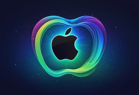 Apple logo in aurora borealis style, made of vibrant northern lights, against a pure dark blue background
