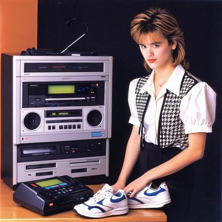 houdstooth, formal wear, 1980s fashion, new wave aesthetics, neon colors, (((nec pc-8801))), videocassette recorder, cd player, hi-fi rack, corded phone, stereo, (((1980s (style)))), 1girl, sneakers