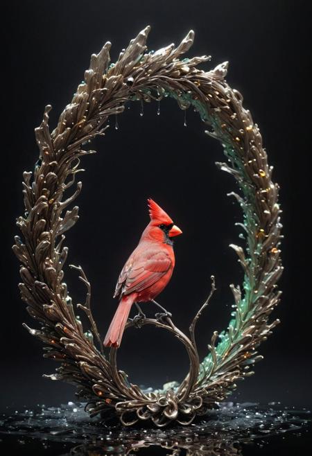 A cardinal bird, 
incredibly fluid, 
detailed, 
3D fractals, 
light particles, 
drops of water, 
shimmering light, 
dreamer, 
surrealist, 
alcohol ink, 
smooth, 
shimmering, 
dreamy glow, pine cone wreath background
conceptual art by Alberto Seveso, 
Anna Dittmann, 
Arthur Rackham, 
16k