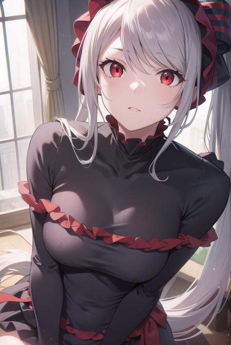 shalltear, grey hair, long hair, (red eyes:1.5), silver hair, black dress, bonnet, bow, dress, frilled dress, frills, large bow, long sleeves, vampire,