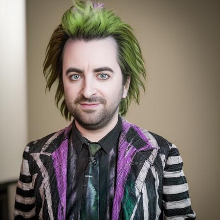 extremely realistic Portrait of Beetlejuice portrayed by Alex brightman green hair photographic realism trending on artstation  rim lighting octane render frost engine 3 deetz1