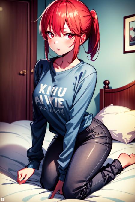 (best quality:1.2), 1girl, (masterpiece:1.2), raytracing, cute face, perfect face, ultra detailed,detailed face, 8k wallpaper, (wide hips:0.8), <lora:more_details:0.5>, KobayashiDragonMaid_NDV, 1girl, red hair, small breasts, ponytail, red eyes, sweatshirt, pants, <lora:KobayashiDragonMaid_NDV:0.7>, indoor, bed, after sleep, kneeling