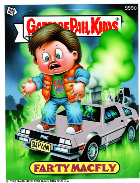 gpk. An embarrassed Marty McFly surrounded by foul green gas. as played by Michael J Fox. orange vest. blue jeans. (gray delorean car)+ green mist, vomiting.