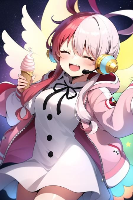 uta \(one piece\),

1girl, :d, angel wings, beamed eighth notes, blush, bow, breasts, chibi, closed eyes, doily, dress, food, hair rings, headphones, headset, hood, hood down, hooded jacket, ice cream, jacket, long hair, low-tied long hair, low twintails, medium breasts, microphone, mismatched wings, multicolored hair, music, musical note, neck ribbon, open mouth, pink bow, pink wings, red hair, ribbon, shirt, singing, sleeves past fingers, sleeves past wrists, smile, solo, (split-color hair), star \(symbol\), twintails, white dress, white jacket, white shirt, white wings, wings

<lora:uta:0.6>