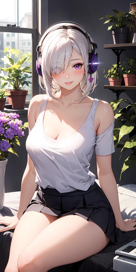 realistic, 1girl, hair over one eye, parted lips, blush, makeup, light smile, white hair, t-shirt, skirt, headphones, glow, thighs, purple eye, bare shoulders, collarbone, narrow waist, bedroom, sunlight, flower, (masterpiece), underwear, potted plant, television, wallpaper, sunbeam,