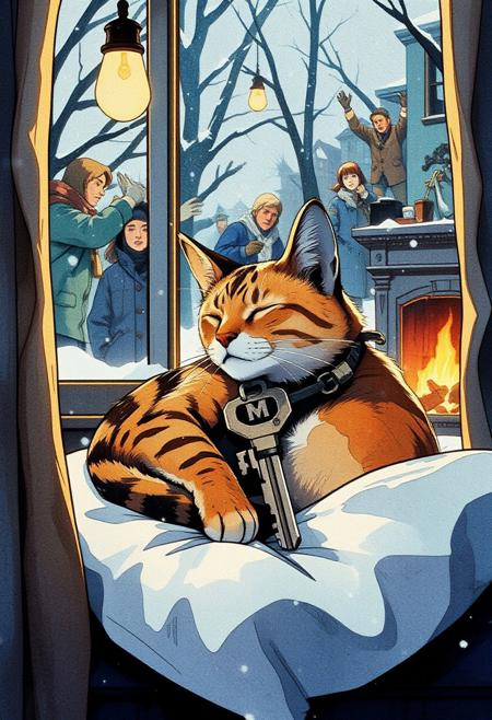 Paint a serene yet dynamic watercolor scene in the Flux art style, where a sleeping cat is *fully nestled within a keys in a keychain*. The cat’s body, rendered in soft, cat color brown with a little orange and a little white with a black M in his forehead, in a soft pillow near to a house window, inside an apartment with a fireplace warm, outside a heavy snowfall a a group of desesperate people  in coats freezing hitting on the window trying to get the cat's attention