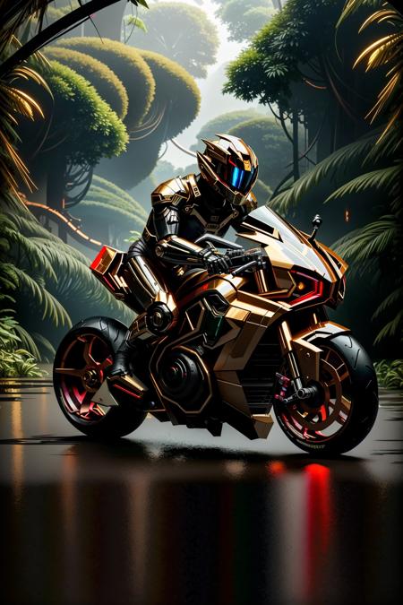 <lora:zzfutbikzz_v1:1> zzfutbikzz
masterpiece, highly detailed photorealistic 8k raw photo, best cinematic quality, volumetric lighting and shadows, sunday lighting
metallic red, glowing, metallic, human on motorcycle, mecha style, reflective, (Fisheye-shot:1.2)
(jungle background:1.2)