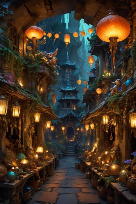 Atmosphere and Setting
Lighting: The market is dimly lit, with warm, golden hues emanating from hanging lanterns and glowing orbs suspended in the air. The light flickers across the stone walls, creating dancing shadows that add to the mysterious atmosphere.
Architecture: The architecture is an eclectic mix of ancient and fantastical styles. Arched stone ceilings are supported by intricately carved columns, and the walls are adorned with mystical symbols and runes. The pathways are cobblestone, winding through the market like a labyrinth.
Market Stalls and Vendors
Stalls: The market is filled with stalls and booths overflowing with exotic goods. Some stalls display enchanted artifacts, glowing crystals, and rare spell ingredients, while others sell hand-crafted jewelry, weapons forged from magical metals, and vibrant textiles.
Vendors: The vendors are a diverse collection of creatures, each with unique appearances. Trolls with warty skin and large tusks, goblins with sharp teeth and mischievous grins, and elegant elves with ethereal features all peddle their wares. They barter in hushed tones, their eyes watching the crowd with a mixture of curiosity and caution.
Creatures and Visitors
Diverse Beings: The market is alive with a variety of creatures, each more fantastical than the last. Faeries with iridescent wings flit about, dwarves haggling over prices, and otherworldly beings with shimmering scales or flowing robes navigate the throng.
Clothing and Adornments: Many creatures wear richly colored garments, adorned with jewels and intricate embroidery. Others sport armor made from strange materials, reflecting their unique cultures and backgrounds.
Overall Ambiance
Sounds: The air is filled with a cacophony of sounds: the clinking of coins, the hum of conversation in multiple languages, and the occasional growl or chirp from a creature. Musical notes drift through the air from a hidden bard, adding a whimsical touch to the scene.
Scents: The market is a sensory overload, with the scent of exotic spices, incense, and the earthy aroma of the underground mingling in the air.
Mystical Elements: Occasional bursts of magical energy illuminate the scene as spells are cast or items are tested. Floating globes of light and enchanted signs guide visitors through the maze-like pathways.  <lora:extremely_detailed:1> <lora:SDXLFaeTastic2400:1>