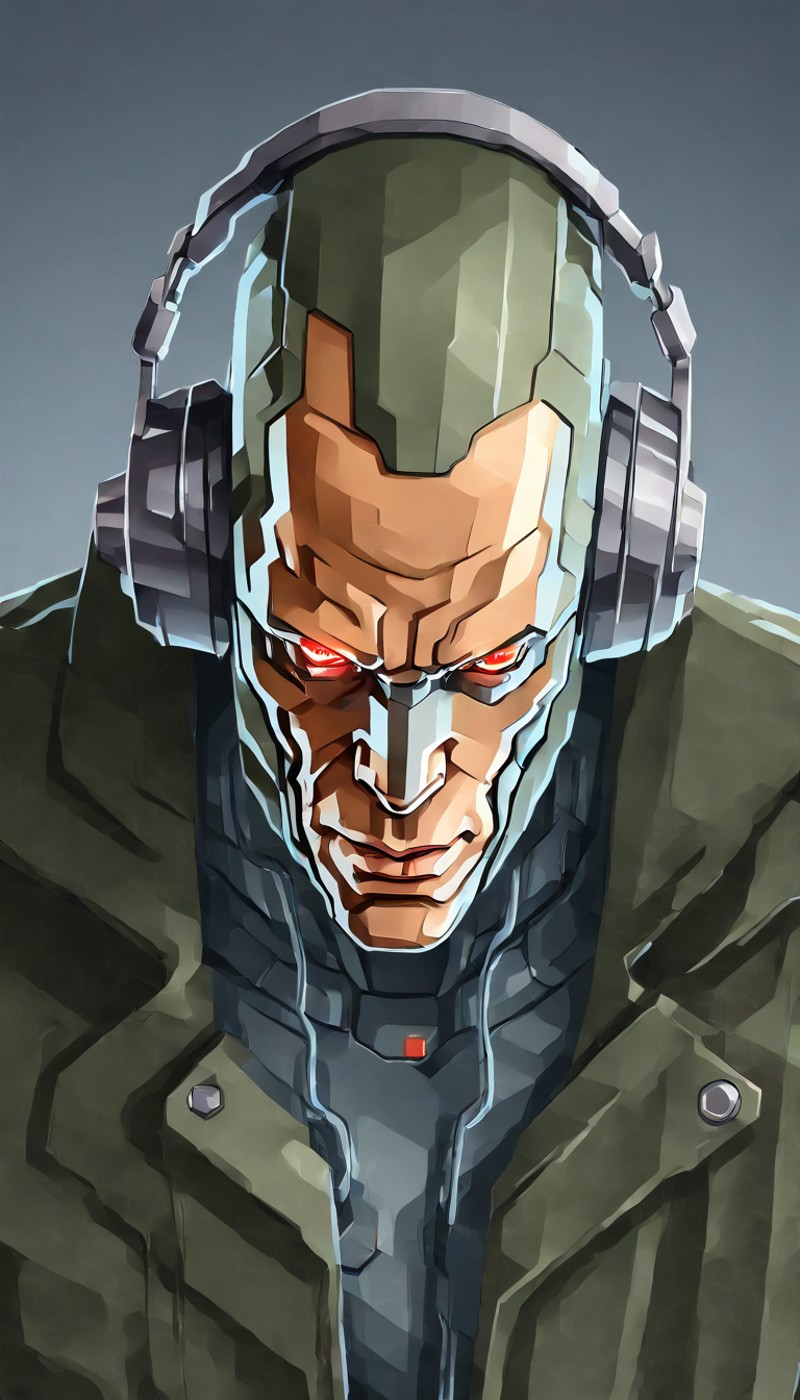 a closeup picture of a cyborg with metal neck and headphones with antenna, wearing a metal coat, looking down, red eyes