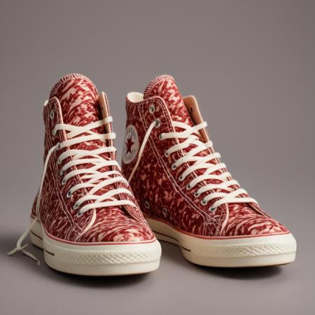A stylish pair of Converse hi-top sneakers, meticulously crafted from rich, marbled wagyu beef, the texture glistening under soft light, detailed meat fibers forming the classic sneaker shape, beef-patterned fabric with deep umami tones, realistic shoelaces made of thinly sliced beef, high-end product photography, ultra-realistic textures, natural light, 35mm photograph, film, professional, 4k, highly detailed, Golden hour lighting. Depth of field F2. Rule of Thirds Composition.