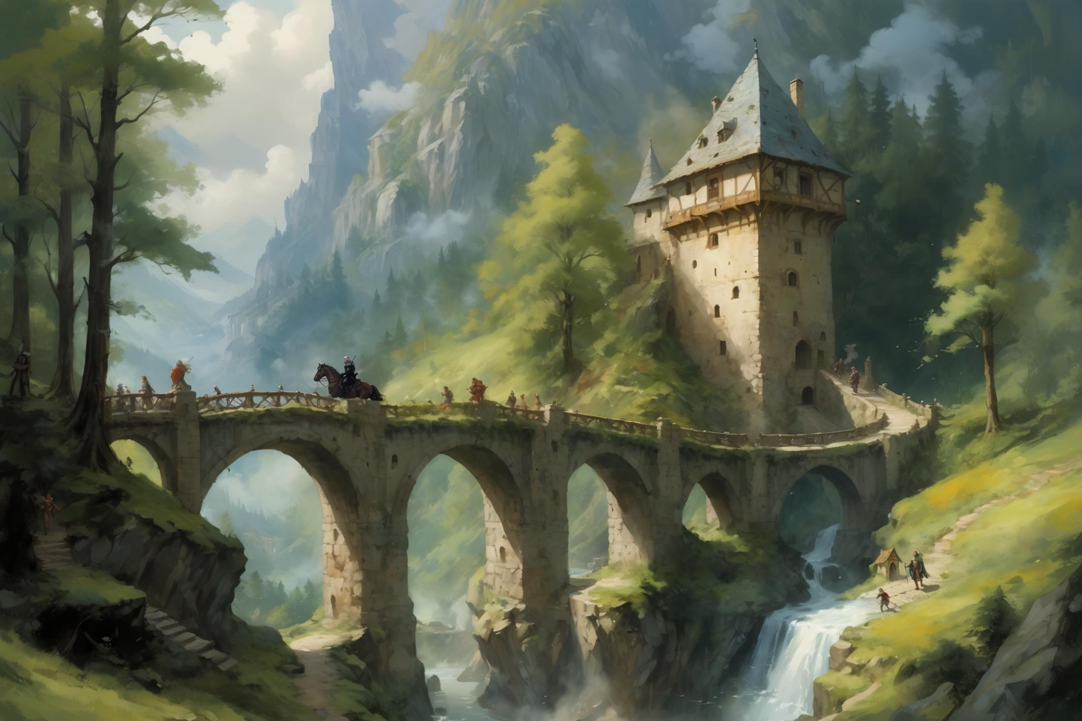 A Medieval Castle Bridge Over a River with People and Horses