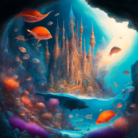 (oceanicrealms style:1) a painting of a castle surrounded by sea life <lora:djzOceanicRealmsV21_LoraBooth:1>