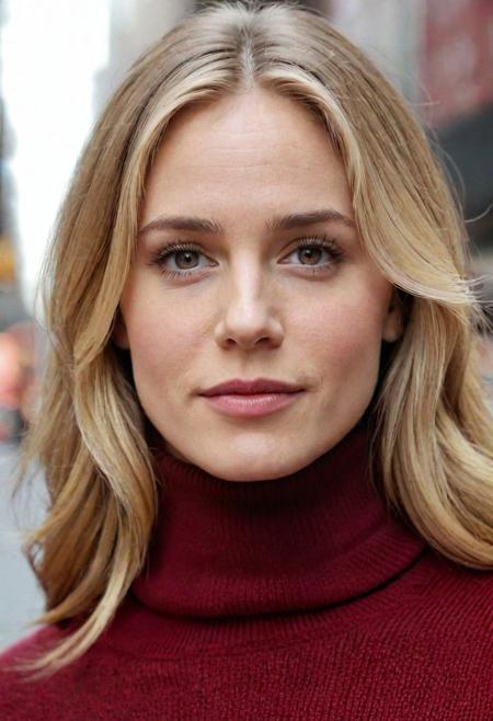 Beautiful actress Brie larsonn, ultra realistic, blonde, clear eyes, dark red turtleneck sweater, face view, slight smile, long hair, portrait close up, newyork city busy street background, black and white film, photography quality, high detail, high quality
