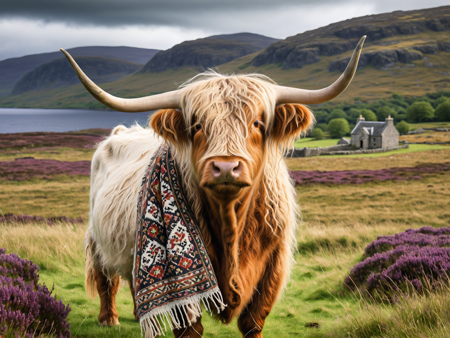 ((adrr-zrb)) masterpiece, best quality, closeup, animal face focus, one long haired (highland cow), covered in a blanket and scarf, ((adrr-zrb)), patterns, intricate weavings, rich colors, in front of a dynamic detailed landscape, one small old stone cottage, Scottish Highlands, green grass, fields full of heather, storm clouds, ultra-detailed <lora:Zarabi:1>