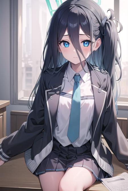 bluearchivearis, <lora:bluearchivearis-lora-nochekaiser:1>, 
aris, black hair, blue eyes, hair between eyes, halo, long hair, one side up, hair ribbon, (flat chest:1.2),
BREAK necktie, blue necktie, jacket, skirt, school uniform, white shirt, collared shirt, black skirt, white jacket, long sleeves,
BREAK looking at viewer, 
BREAK indoors, classroom,
BREAK <lyco:GoodHands-beta2:1>, (masterpiece:1.2), best quality, high resolution, unity 8k wallpaper, (illustration:0.8), (beautiful detailed eyes:1.6), extremely detailed face, perfect lighting, extremely detailed CG, (perfect hands, perfect anatomy),