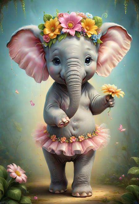 JuggernautNegative, Step into the delightful realm of cute creatures as a charming elephant steals the spotlight, adorned with a lovely flower on its head. This adorable digital painting showcases the cuteness of the elephant in exquisite detail and vivid colors. The cute 3D render brings a sense of depth and charm to this lovable creature. The elephant, wearing a tutu, adds an extra layer of whimsy and playfulness to the artwork, making it both adorable and delightful. With its intricate details and vibrant colors, this artwork stands as a beautiful representation of the magic that happens when creativity and cuteness collide. =<8