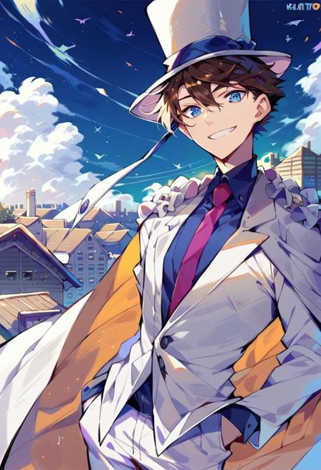 kaito kid, 1boy, solo, brown hair, blue eyes, monocle, white top hat, purple shirt, necktie, white cape, pauldrons, white pants