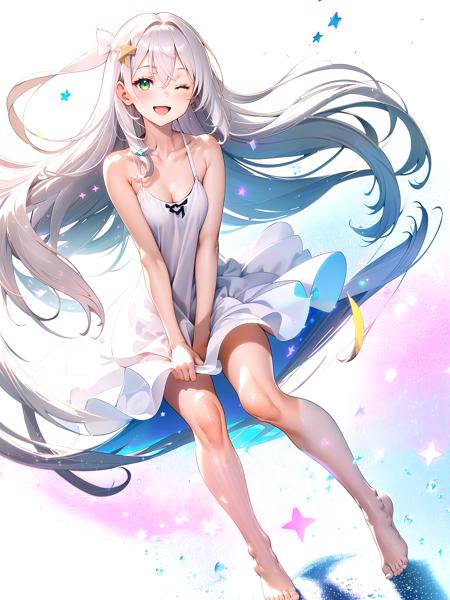 1girl, solo, long hair, breasts, looking at viewer, blush, open mouth, bangs, simple background, white background, dress, ribbon, cleavage, hair between eyes, bare shoulders, medium breasts, very long hair, green eyes, collarbone, full body, white hair, one eye closed, barefoot, sleeveless, star \(symbol\), white dress, arm up, groin, bare arms, bare legs, no panties, sleeveless dress, smile,