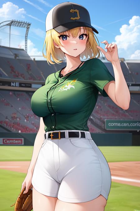 <lora:VaultGirlV2-000012:0.8>, VaultGirl, green_t-shirt, white_shorts, baseball_cap, 1girl, breasts, blonde_hair,  solo, large_breasts, black_eyes,