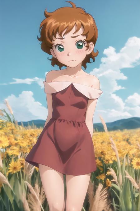 1girl, sndsuzuka, short hair, brown hair, green eyes, collarbone, red dress, embarrassed, blush, looking at viewer, standing, grass field  <lora:sounanda-suzuka-000004:0.9>