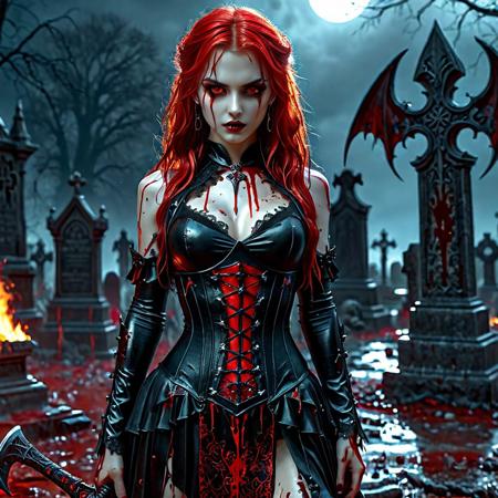 High resolution ultra-realistic of sinister High resolution Beautiful Warrior vampire girl, ultra-realistic body, perfect athletic body, artgem, WLOP,  (Intricately designed tight lace black and red gothic dress: 1.5), standing in a sinister dark fantasy graveyard,  fighting pose, beautiful Warrior vampire girl, fire, defiant and seductive, covered in dirt and blood, blood-smeared, cinematic colors Lighting, extremely detailed, 8K, wavy red hair, realistic dirty bloody face, realistic red eyes, Attractive girl, beautiful Warrior vampire girl on in cool dark fantasy outfit, hyper-detailed, hyper-realistic, Attractive 21 old years girl, perfect athletic figure, Intricately designed handsome vampire pale bloody face, beautiful perfect detailed pupils, wet oily shiny skin, Dark Ages elements, intricate, smooth, sharp focus digital painting, Asymmetrical Balance, hyperdetailed painting, dynamic lighting, adding to the intense and dynamic atmosphere of the scene, complex masterpiece