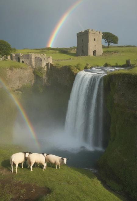 John Constable (tonal realism), Chalk downs with grazing sheep flocks, rainbow in waterfall mist, stone watchtower with ivy-covered walls,lapwing performing display.,Art painting by Eiichiro Oda and Tooth Wu , featured on Ashley Wood,,
artstation trending, macro lens, volumetric light,
<lora:Illustration_Insanity:0.3>,
<lora:dreamshaperXL10_lora:0.7>,
<lora:extremely_detailed:0.3> extremely detailed,
<lora:DetailMaximizer:0.3>,, Surrealism art style, dreamlike and irrational imagery, explores the unconscious mind, juxtaposition of unlikely elements, challenges reality and logic
