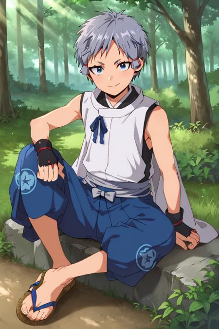 Nezu Kojiro,grey hair,short hair,sanpaku, blue eyes, hair ornament, japanese clothes,blue hakama,hakama,blue ribbon,sleeveless,Kamon, fingerless gloves,wristband