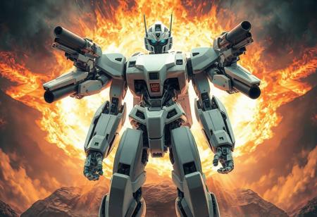 Observe an impressive depiction of aMachineKing Robot against a mystical eruption. This state-of-the-art machine boasts pristine whites contrasted elegantly with sharp blacks and grays, exuding sophistication through every line and curve. Its dominant posture conveys readiness as two guns attach securely onto each robotic limb - poised yet restrained power at hand. Enlarged cameras serve dual purposes; scanning surroundings whilst maintaining unwaveringly focused attention towards what lies ahead. An expansively powerful energy burst ignites behind our metalloid hero creating depth within this masterfully crafted piece where precision meets artistry effortlessly blending together into high quality visual harmony full of vibrant colors & striking details worthy enough even for prestigious platforms like ArtsStationTrendings