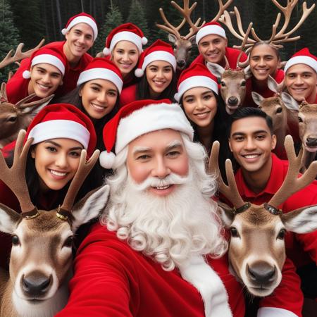 Selfie with several Santa reindeer with Santa in the center of the image