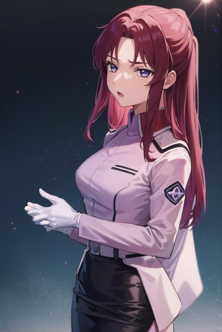 flay allster, long hair, (purple eyes:1.1), red hair, medium hair, (parted bangs:1.5), ponytail, skirt, gloves, jacket, white gloves, black skirt, uniform, military, military uniform, side slit, pencil skirt,