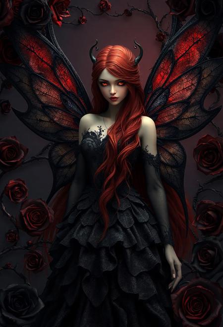 A photorealistic 3D artwork of a stunning fairy with a crimson and black theme inspired by black roses and dark magic. Her long, flowing hair, a deep, rich crimson, cascades down her back like rivulets of blood. Her eyes, a piercing, glowing crimson, hold an intense, almost hypnotic gaze. Her wings, delicate yet powerful, are crafted from a shadowy, translucent black material, veined with crimson lines resembling the thorns of a rose. She is adorned in a gown of shimmering, layered black fabric, reminiscent of unfolding black rose petals, giving her a darkly elegant and regal presence. The scene is enveloped in swirling fractal patterns inspired by thorny vines and the spiraling centers of black roses, creating a dramatic and mysterious atmosphere. The overall composition is rich in contrast and texture, with a gothic, almost surreal quality that brings the fairy and her surroundings to life in a dramatic interplay of crimson and black