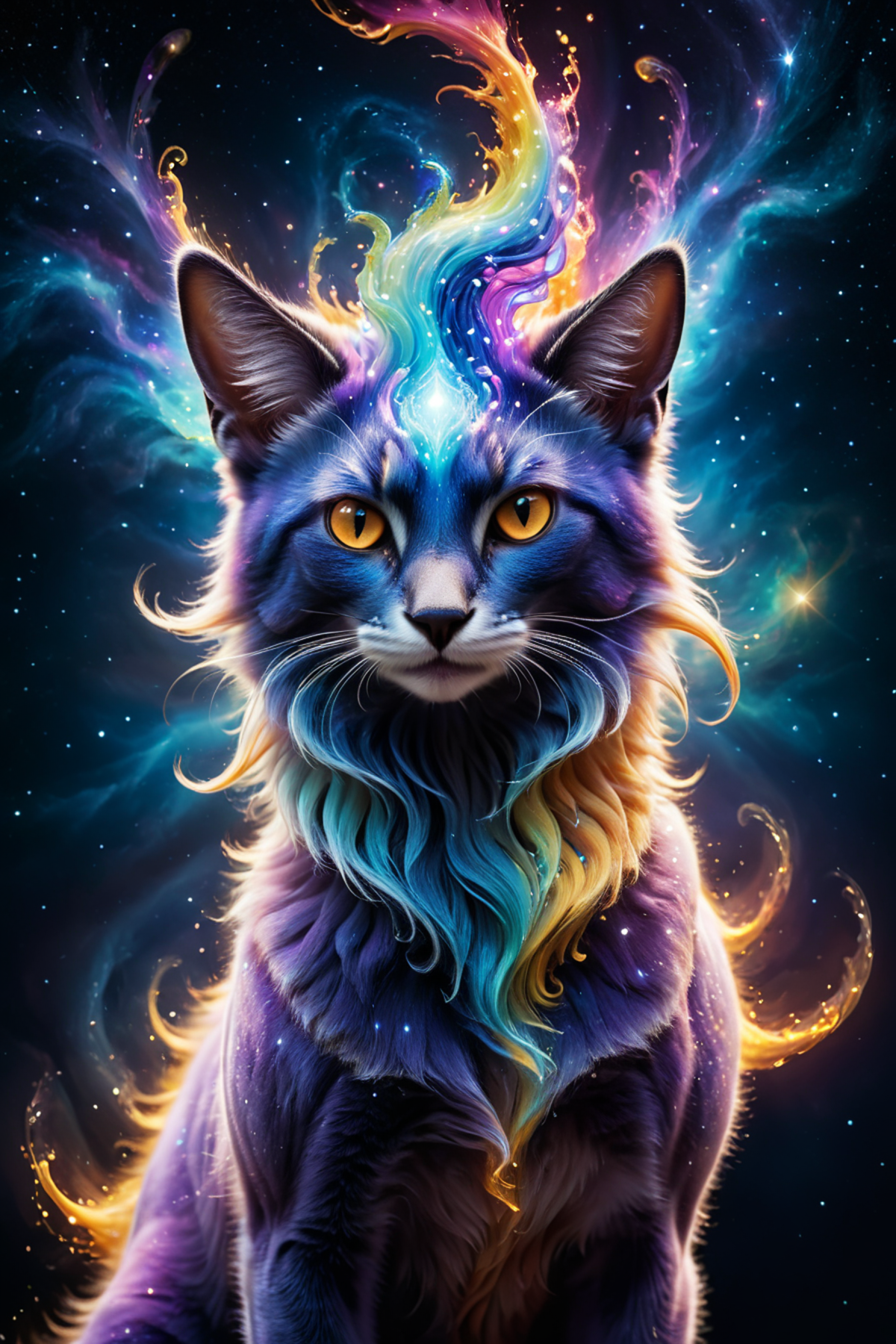Artistic Digital Painting of a Cat with Purple and Blue Fur and Yellow Eyes.