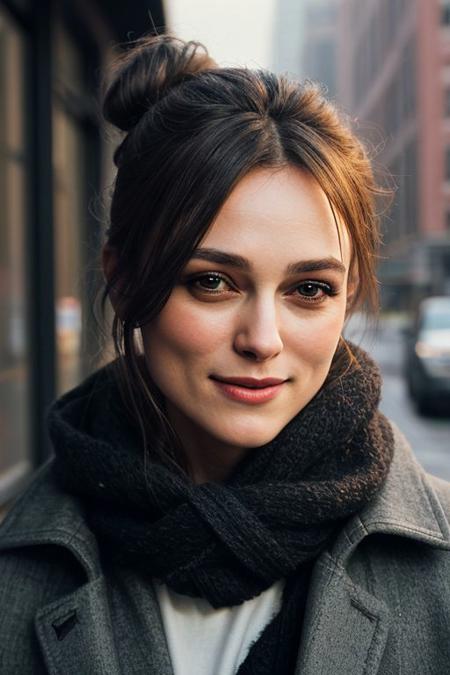 Photography of a classy woman's face,
dslr photo,
32k,
very sharp,
realistic,
highly-detailed-skin,
her hair is brown and short like she has the eerie glow that makes it feel like Keira Knightley when she was 18 years old,
it's cold and she is wearing a wool scarf and coat,
to otherworldly beauty in a dense urban setting setting against the soft light on their lips by jeremy mann,
smiling proudly,
hair in a tight bun,
8K resolution, 
high detail, ultra-high