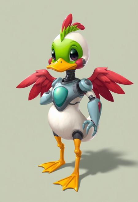 Duck cyborg, red feather wings,DuckiferXL, ais-rbts, green head, happy, cute, hall0w33n