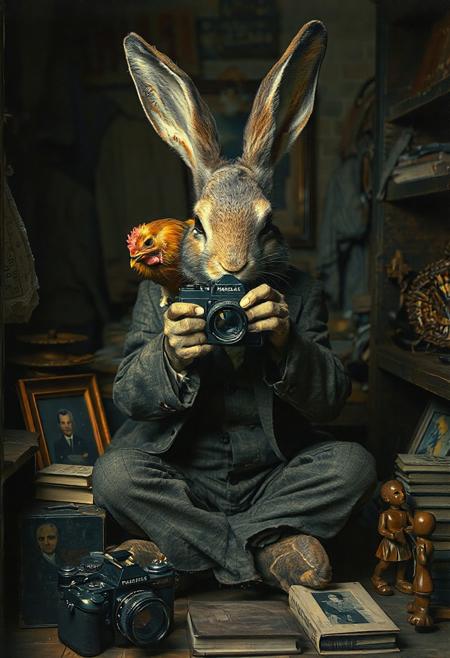 By Saul Leiter. an anthropomorphic evil rabbit in a ragged suit sat in a dark, shabby tailor's shop pointing a vintage Hasselblad camera at the viewer. On his shoulder is a chicken. The rabbit's fur is matted and rough. Its eyes are scary. The rabbit, chicken and the camera are all pointing forward to the viewer. On the floor are vintage cameras, books, picture frames and children's wooden toys.