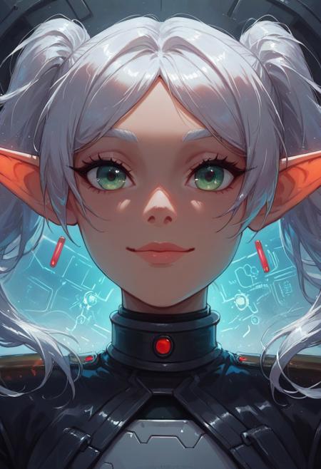score_9, score_8_up, score_7_up, score_6_up, perfect face, perfect eyes,,4ng3l face ,  1girl, solo,  
nereirfpnxl,frieren, elf, white hair, green eyes, twintails,  , white tight plugsuit, latex, light smile,
gundamwingcockpit, futuristic, scifi, controls, joystick, holographic interface, technology, close up, glowing, neon