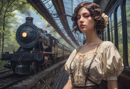 analog style, train 1930, landscape, conceptual art portrait in 8k resolution by Greg Rutkowski, Artgerm, WLOP, Alphonse Mucha hyperdetailed and complex dynamic lighting Trendy splash art on triadic colors from Artstation Unreal Engine 5 volumetric lighting, gothic clothing
