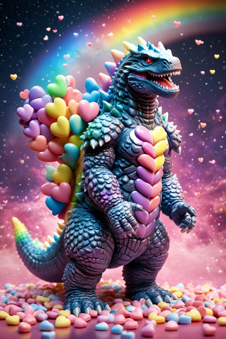 a 3D cute godzilla kaiju made from candyhearts armor,breathing rainbows,magic,sci fi,energy,text "KAIJU",<lora:Candyhearts-15:0.7>,(outer space background) . Professional,modern,masterpiece,super realistic,highly detailed