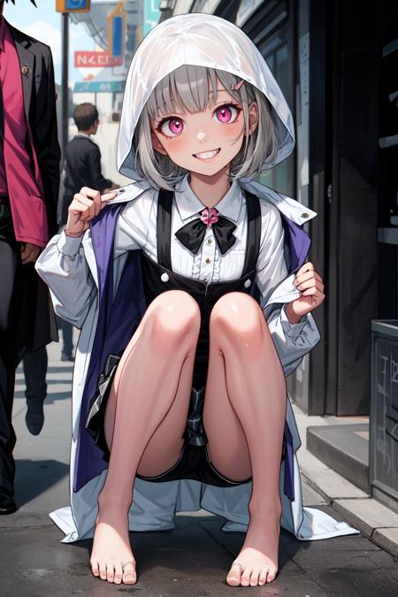 (masterpiece, best quality, SFW:1.2), digital art, max detail, muted colors, ektachrome
BREAK
1girl, cold, grin, looking at viewer,(cute, small, petite:1.2), legs, (light gray hair, hime cut:1.2), (light pink eyes:1.2)
BREAK
(flower trim  blouse,  raincoat, gainsboro suspender skirt, , brooch, barefoot)
BREAK
armpit focus, knees to chest
BREAK
building, shopping district