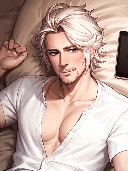 masterpiece,best quality,highres,1boy,<lora:ShadowverseVincentV3:0.75>,white shirt,looking at viewer,(beard:0.43),(smile:0.68),white messy hair,blush,in bed,lying,on back,collarbone,muscle,shy,happy,(embarrassed:1.1)