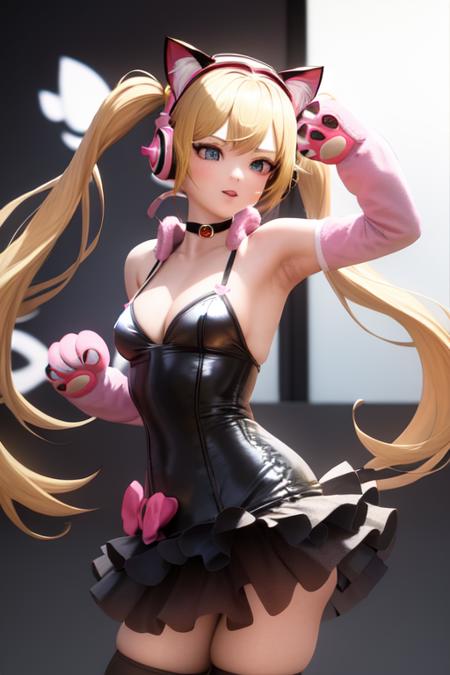 masterpiece, best quality,  <lora:last_lucky_cloe:0.5>, 1girl, animal ear headphones, animal hands, blonde hair, bangs, cat ear headphones, cat paws, fake animal ears, gloves, hair ornament, headphones, ribbon, twintails, pink theme, blue eyes, dress, lucky cloe, chocker, cat tail, concert, back view,