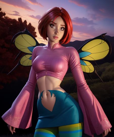 Will,short red hair,brown eyes,solo,
standing,upper body,
midriff,striped pantyhose,pink turtleneck with wide sleeves,navel,blue miniskirt,fairy wings,
outdoors,
(insanely detailed, beautiful detailed face, masterpiece, best quality) cinematic lighting,<lora:WillVandom-10W2:0.8>,